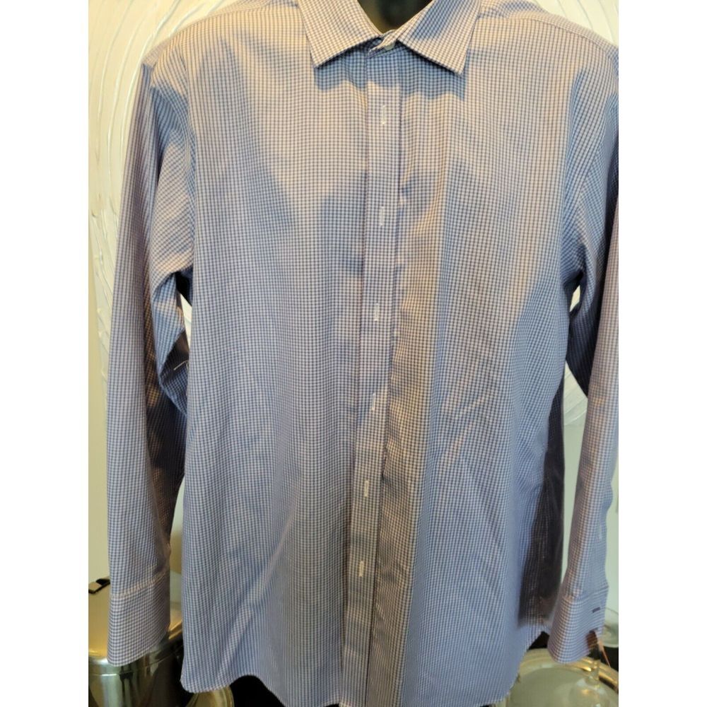 BLACK &‎ BROWN Men Purple White Check Gingham Slim Fit Non-Iron Shirt 17 35 XL